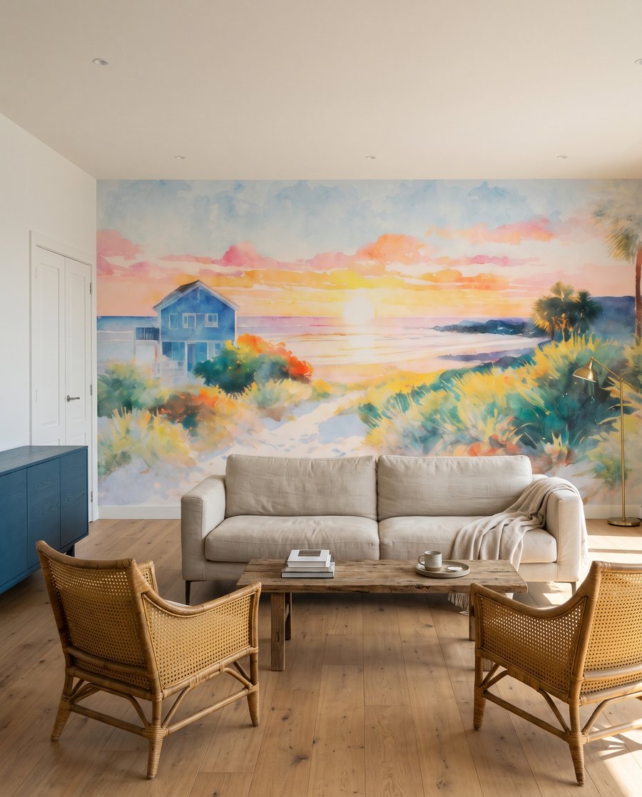 Blaues Haus am Meer in einem Interieur