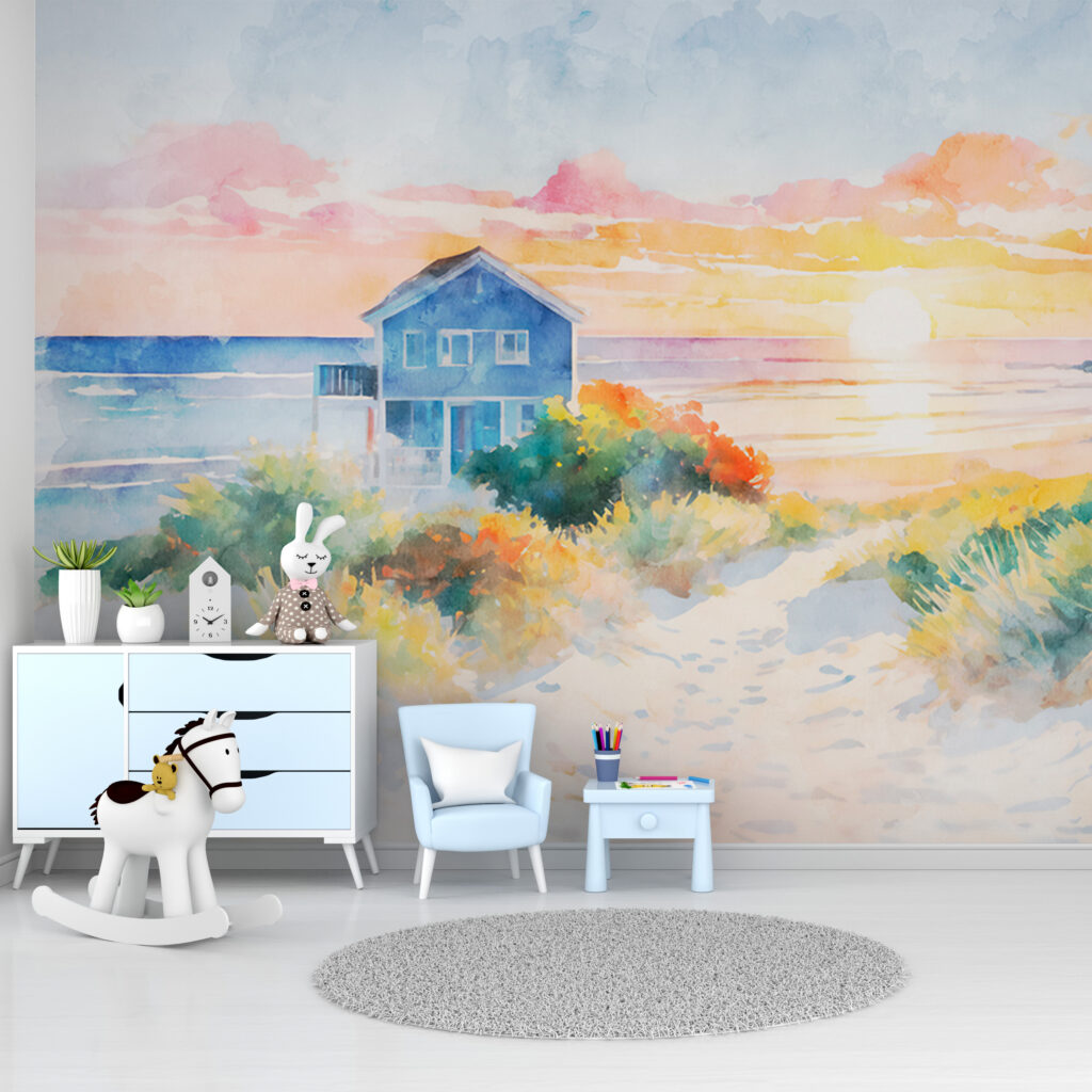 Blaues Haus am Meer in einem Interieur