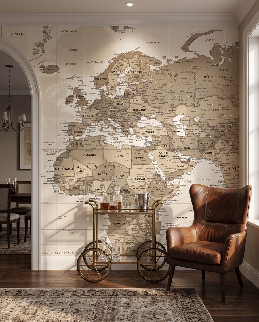 Weltkarte in alten Farbtönen in einem Interieur