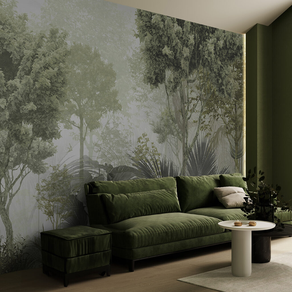 Grüner Wald im Morgenlicht in einem Interieur