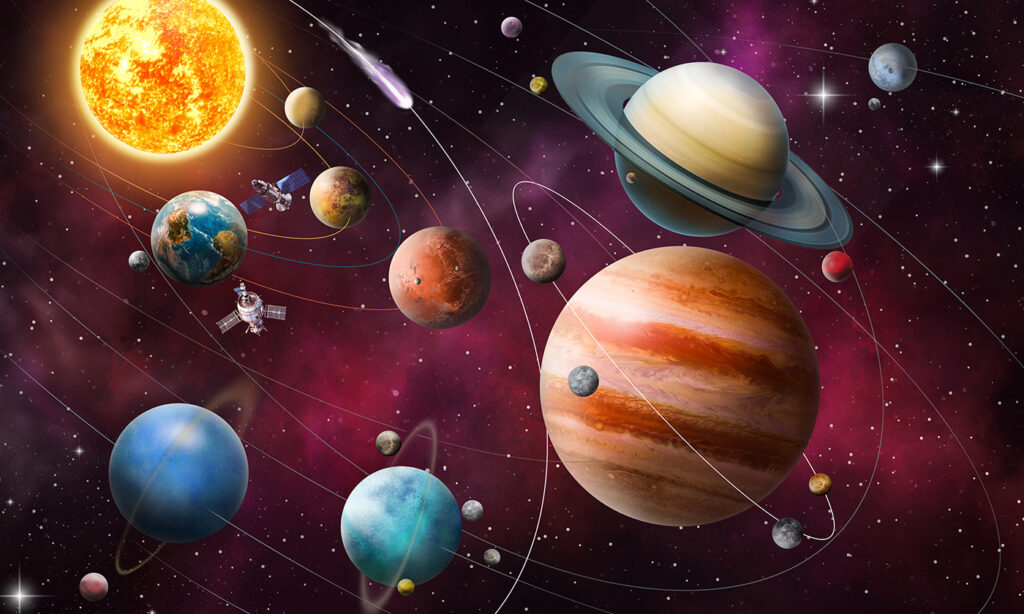Roter Kosmos voller Planeten — ganzes Design