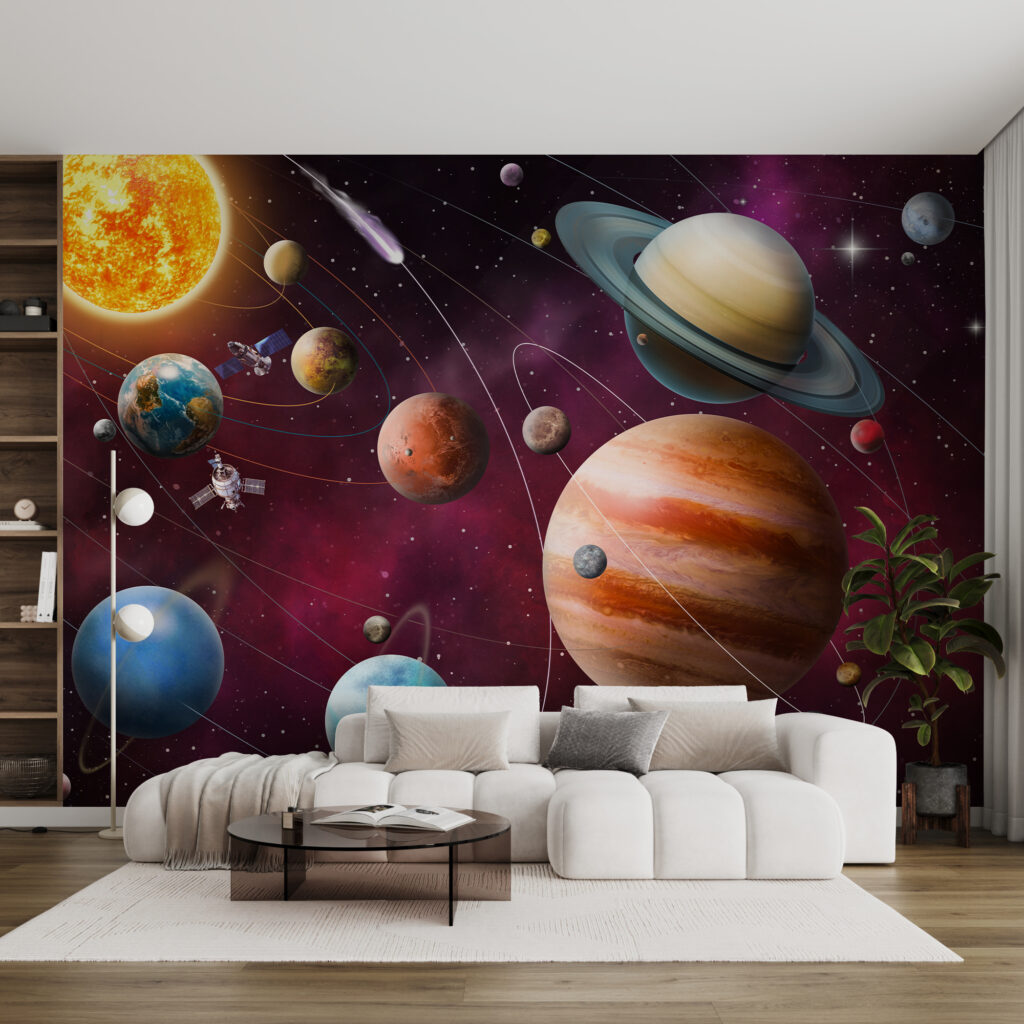 Roter Kosmos voller Planeten in einem Interieur