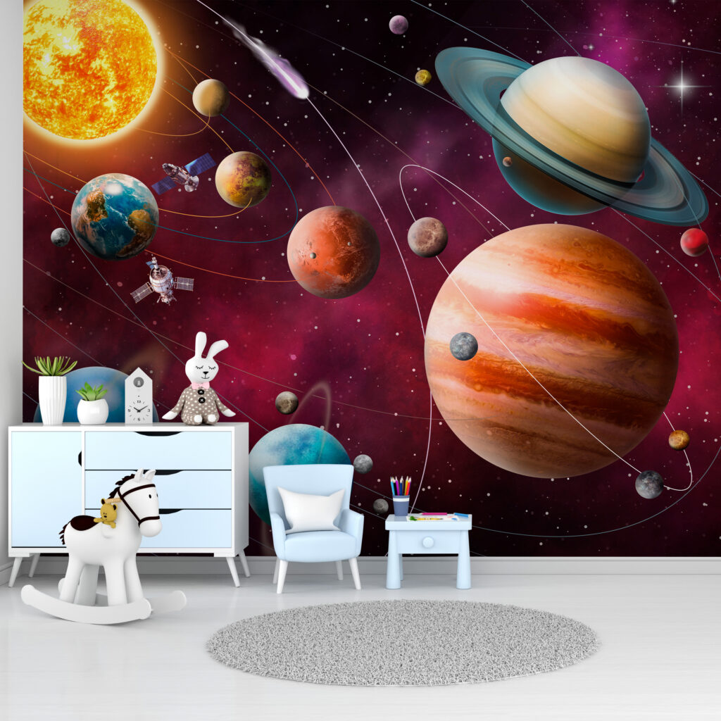 Roter Kosmos voller Planeten in einem Interieur