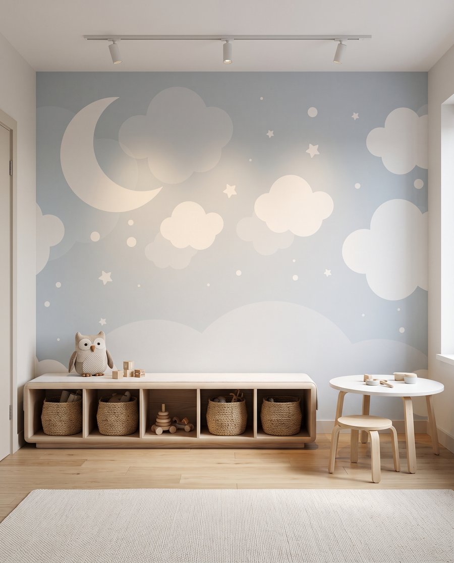 Mond zwischen blauen Wölkchen in einem Interieur