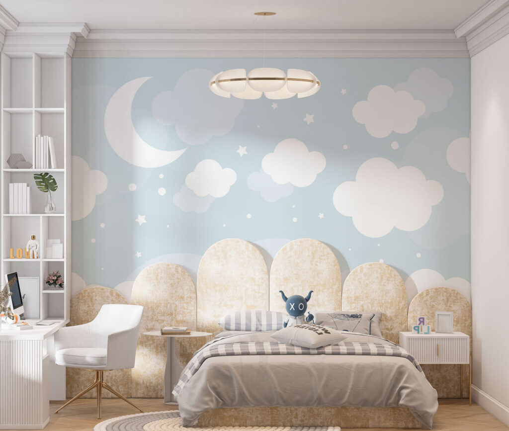 Mond zwischen blauen Wölkchen in einem Interieur