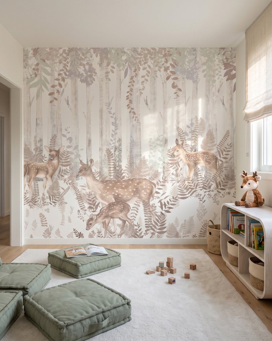 Hirsche zwischen blassen Farnen in einem Interieur