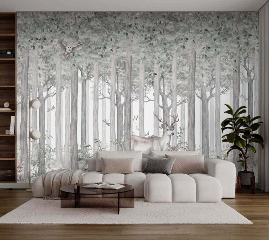 Hirsche zwischen hohen Bäumen in einem Interieur