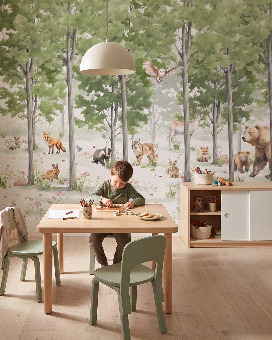 Waldtiere auf der Lichtung in einem Interieur
