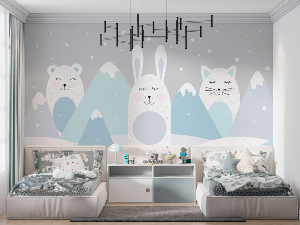 Tierfreunde in verschneiten Bergen in einem Interieur