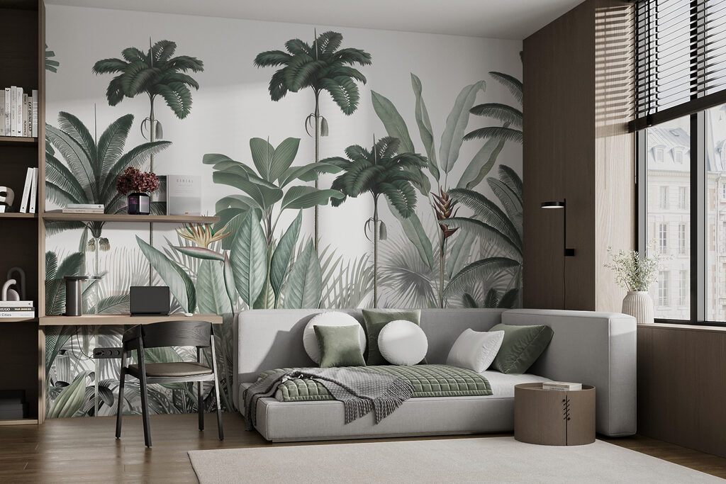 Palmen in feiner Schraffur in einem Interieur