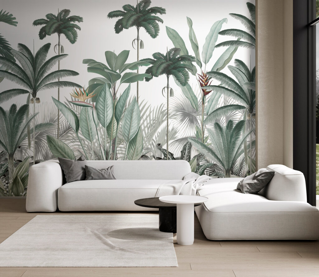 Palmen in feiner Schraffur in einem Interieur