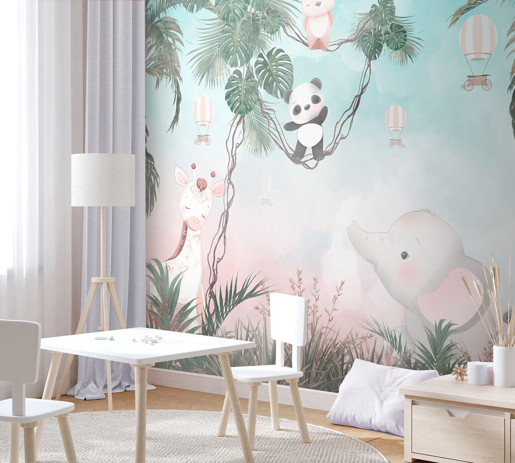 Elefant und Giraffe in einem Interieur