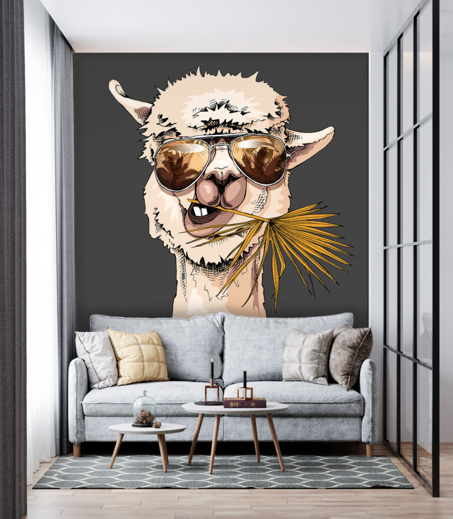 Lama mit Sonnenbrille in einem Interieur