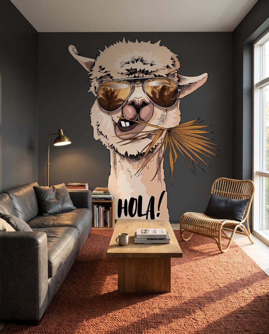 Lama mit Sonnenbrille in einem Interieur