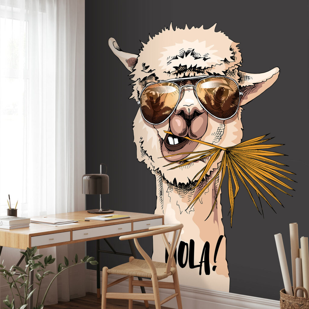 Lama mit Sonnenbrille in einem Interieur