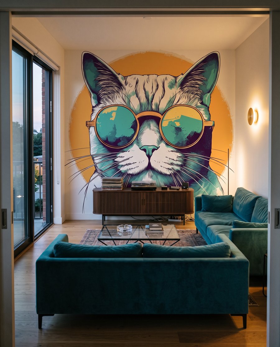 Katze mit Sonnenbrille in einem Interieur