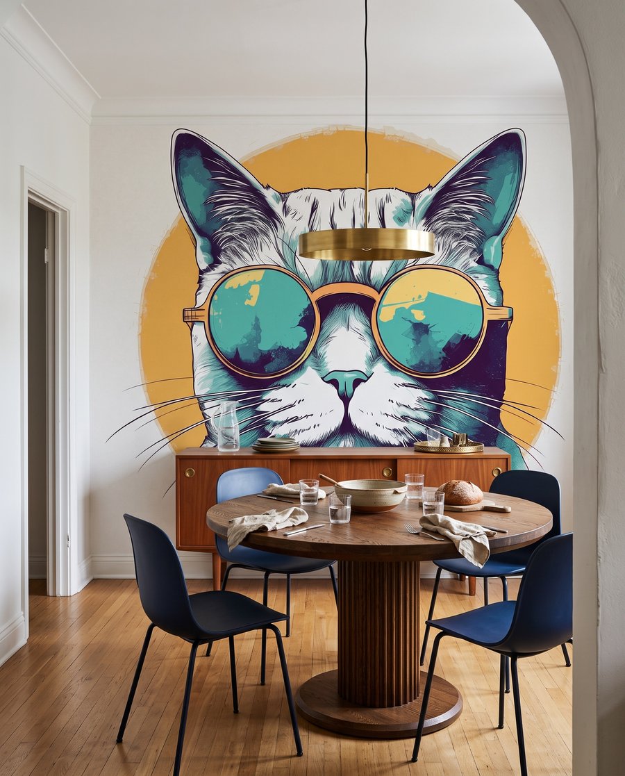 Katze mit Sonnenbrille in einem Interieur