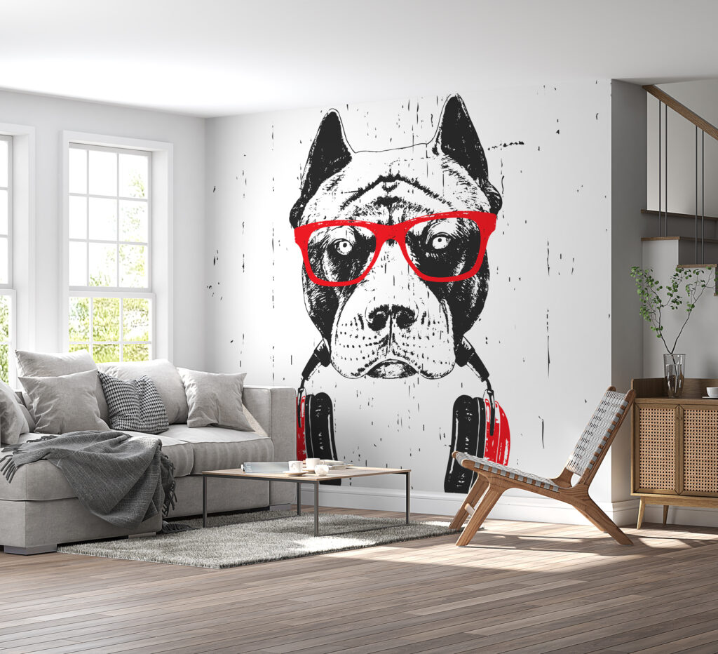 Hund mit rotem Kopfhörer in einem Interieur