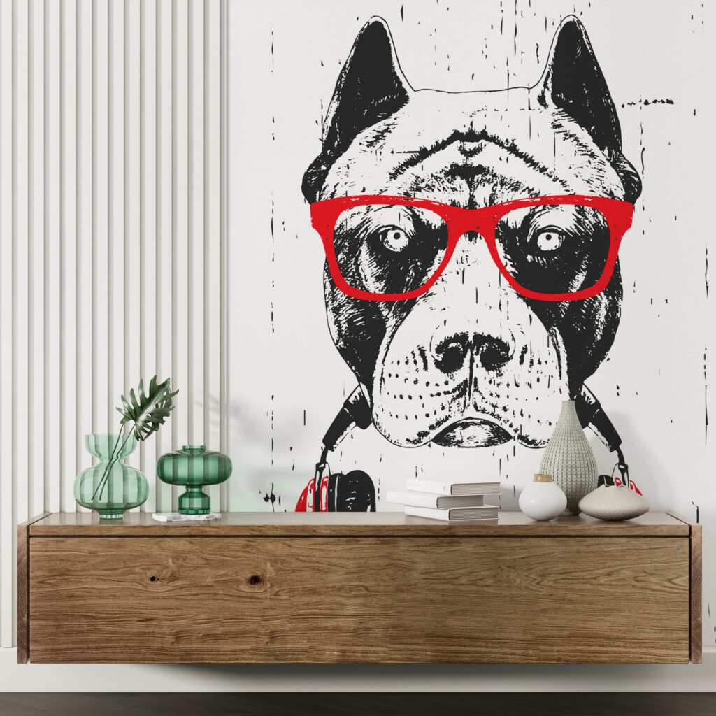 Hund mit rotem Kopfhörer in einem Interieur