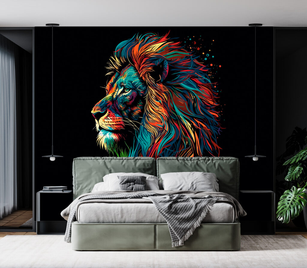 Löwe mit feuriger Mähne in einem Interieur