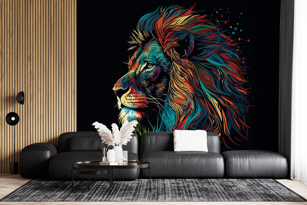 Löwe mit feuriger Mähne in einem Interieur