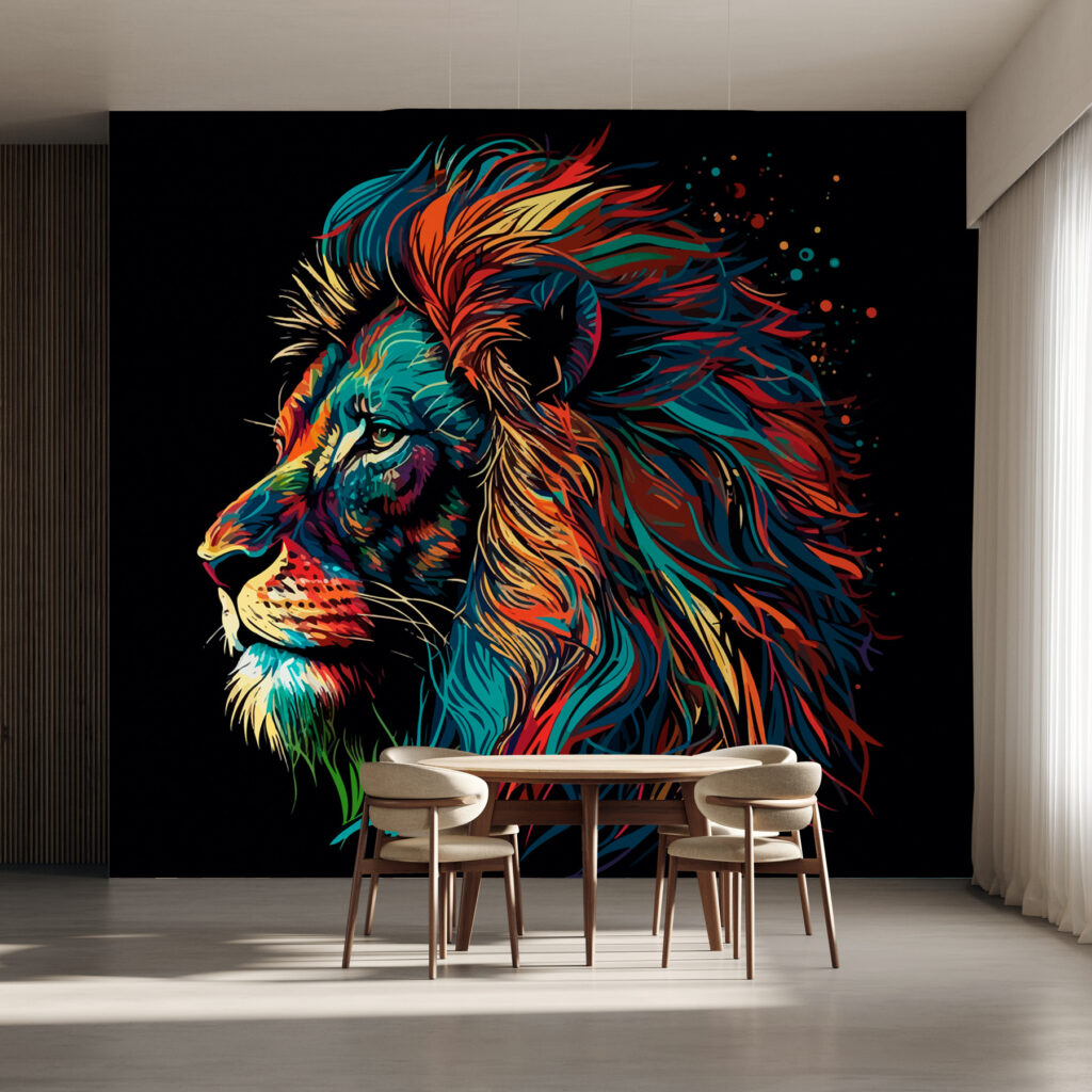 Löwe mit feuriger Mähne in einem Interieur