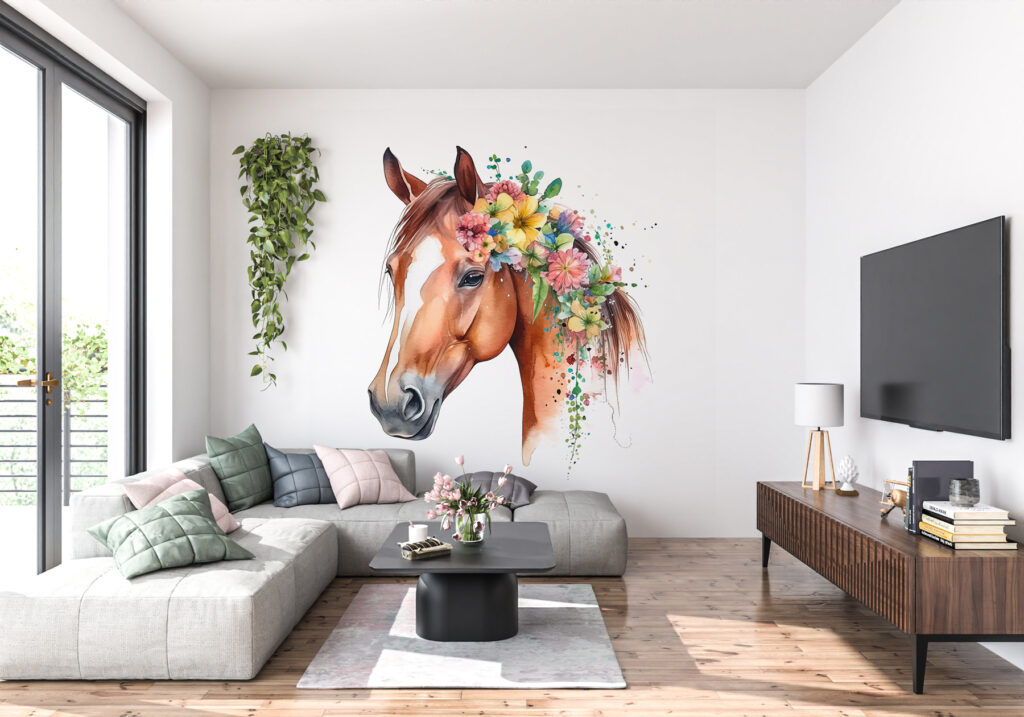 Pferd mit Blumenmähne in einem Interieur