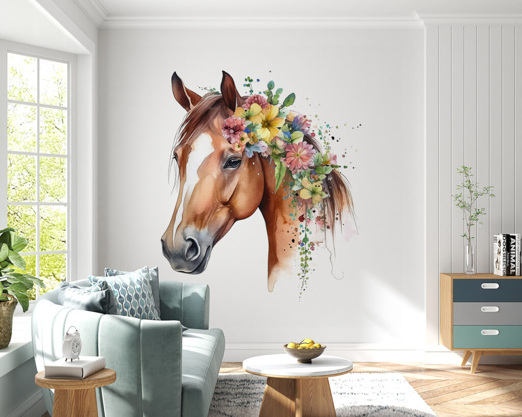 Pferd mit Blumenmähne in einem Interieur