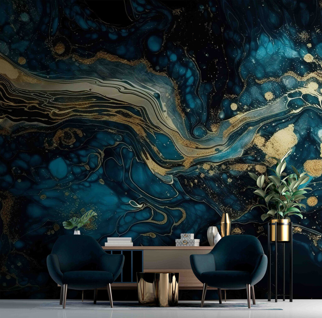 Goldstrom durch Tiefblau in einem Interieur