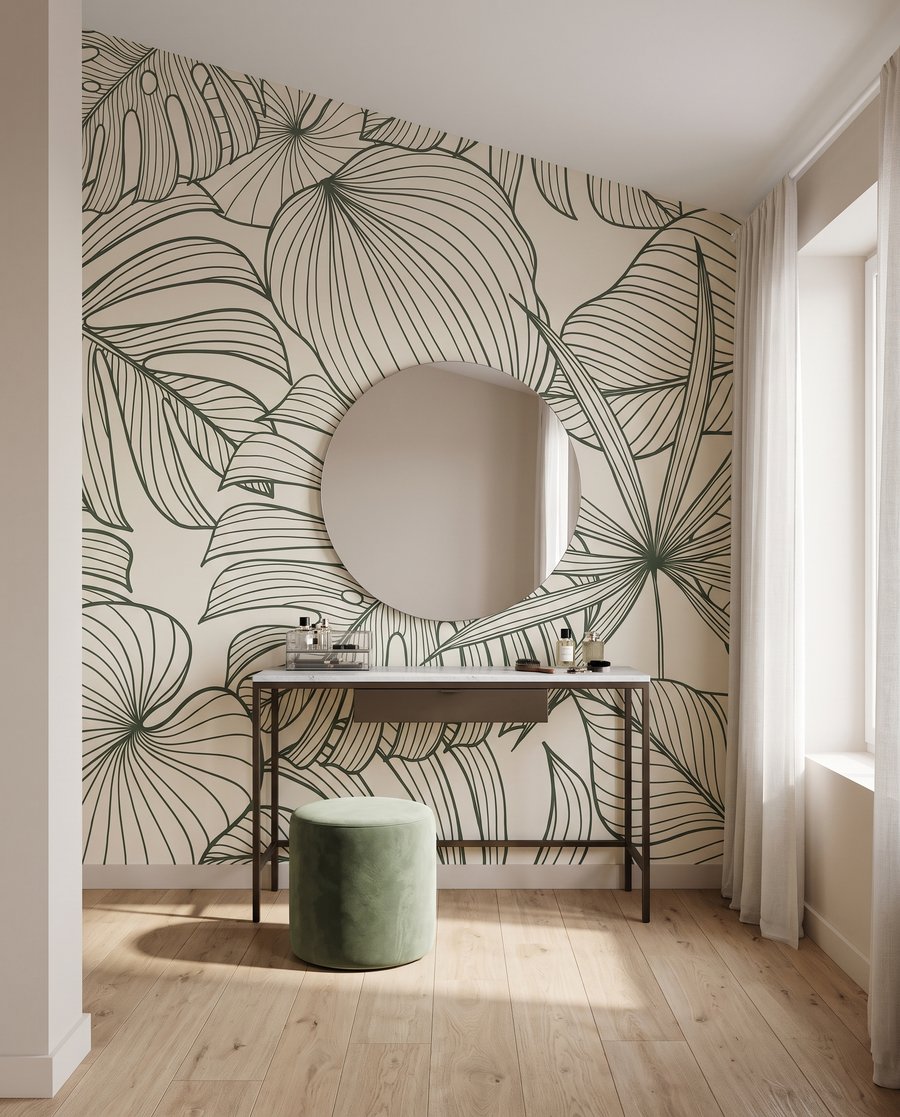 Blätter in grünen Konturen in einem Interieur