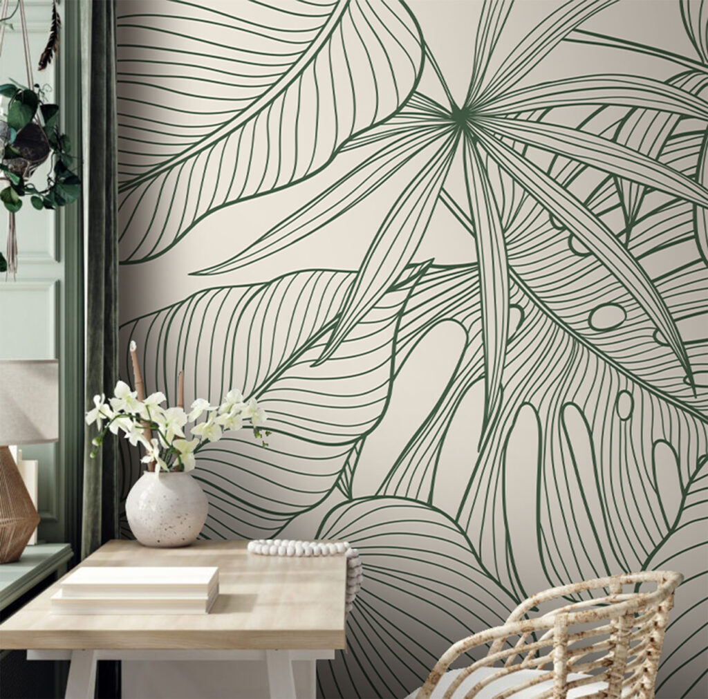 Blätter in grünen Konturen in einem Interieur
