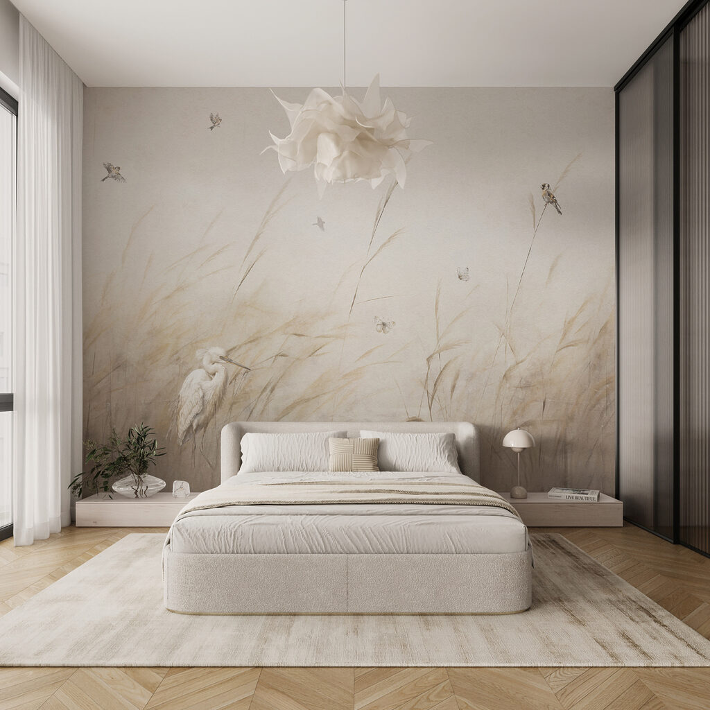 Vögelchen über blassen Halmen in einem Interieur