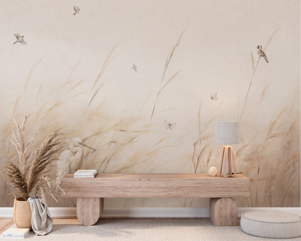 Vögelchen über blassen Halmen in einem Interieur