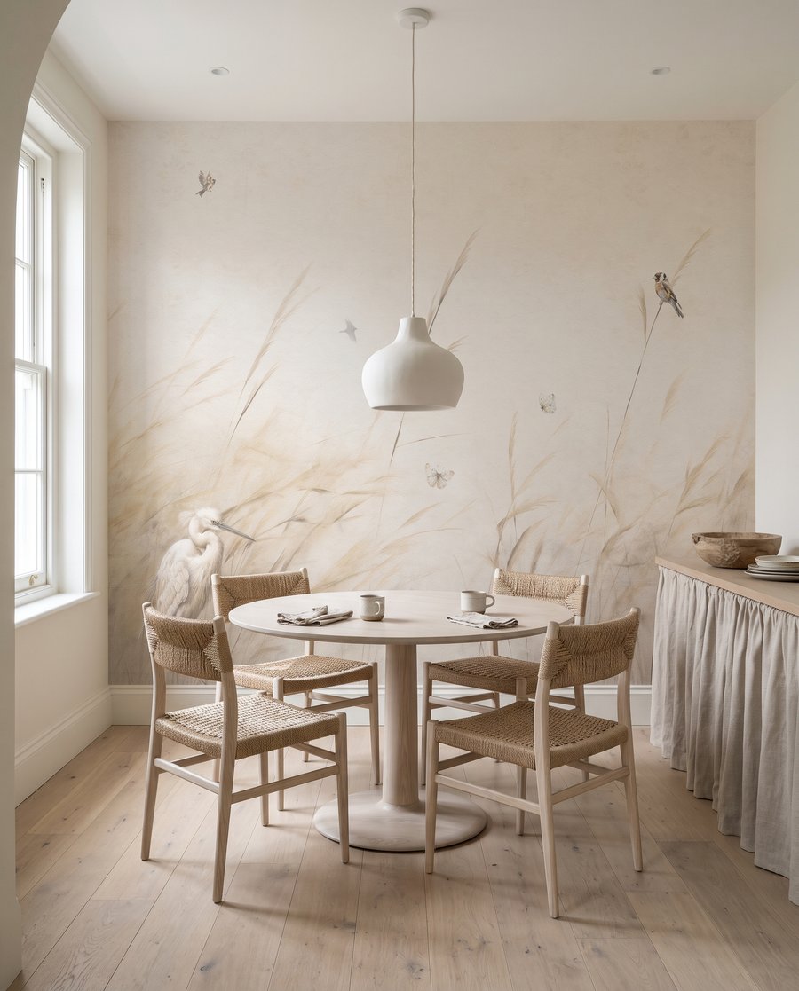 Vögelchen über blassen Halmen in einem Interieur