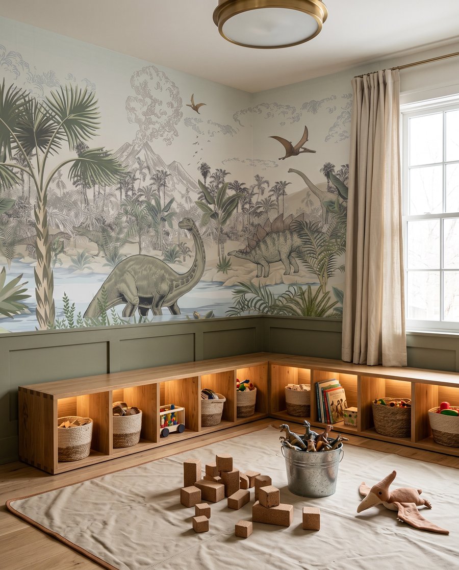 Dinosaurier am Waldteich in einem Interieur