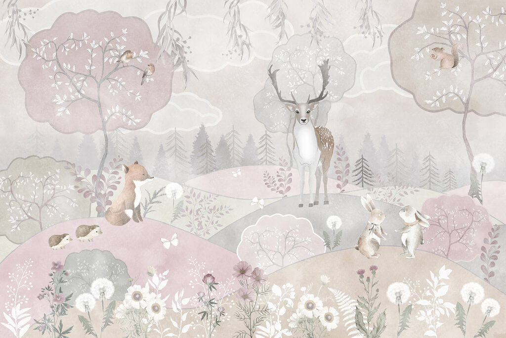 Tiere in rosa Hügeln — ganzes Design