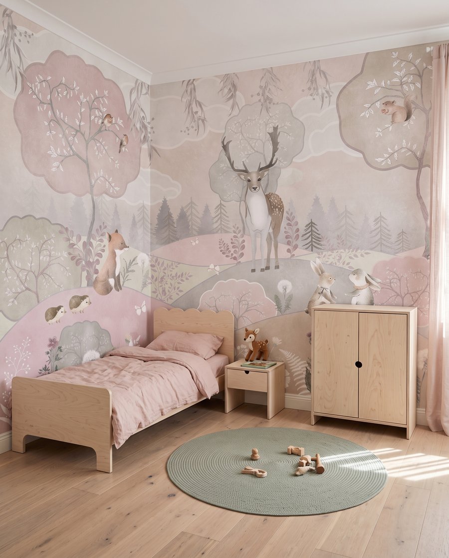 Tiere in rosa Hügeln in einem Interieur