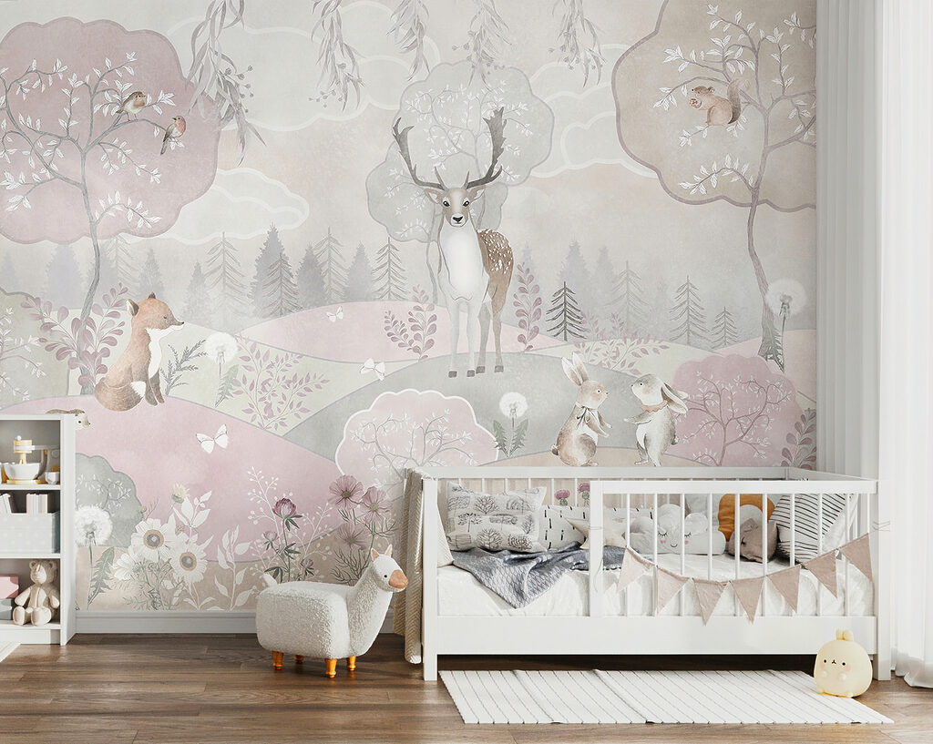 Tiere in rosa Hügeln in einem Interieur