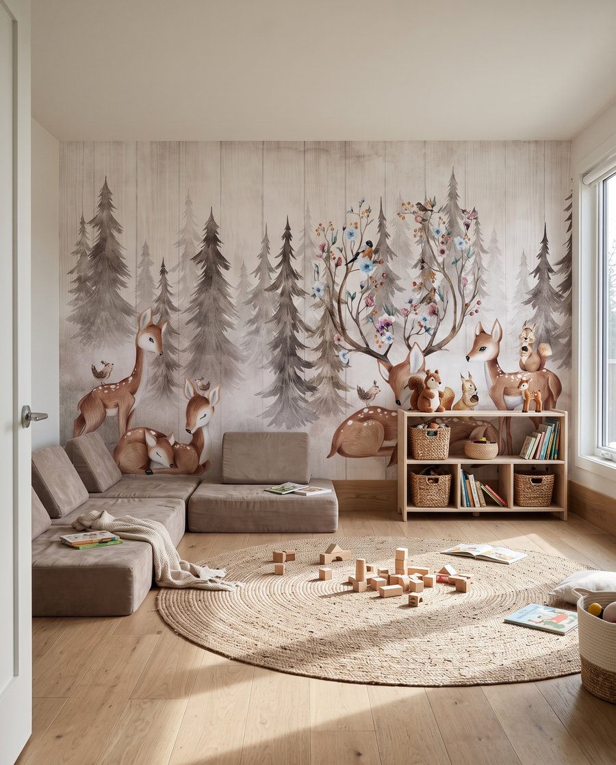 Hirsche am Blütenbaum in einem Interieur
