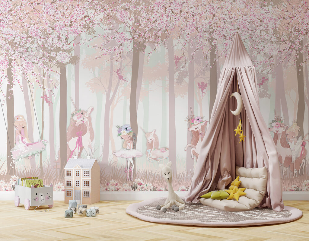 Märchenhafter rosa Wald in einem Interieur