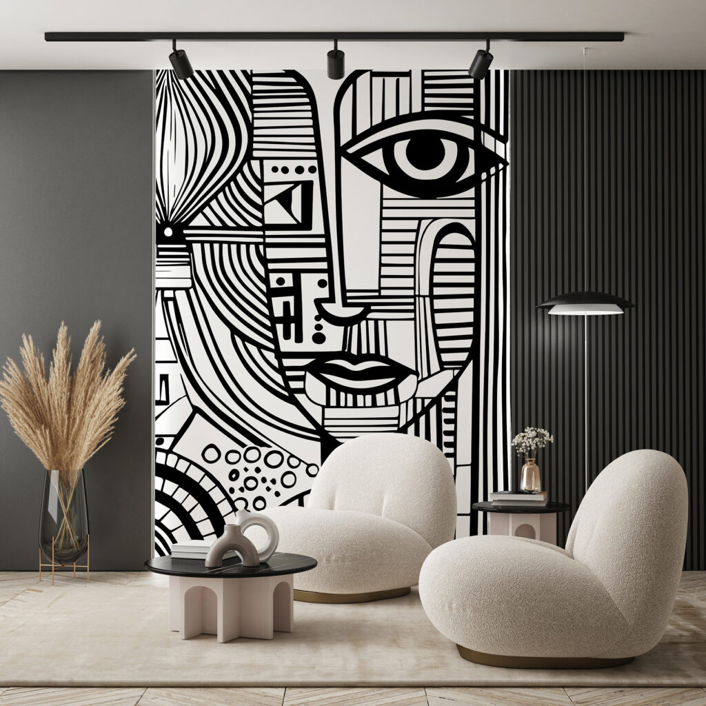 Gesicht in schwarzen Rhythmen in einem Interieur