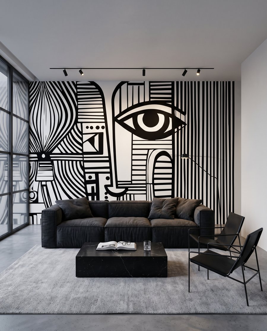 Gesicht in schwarzen Rhythmen in einem Interieur