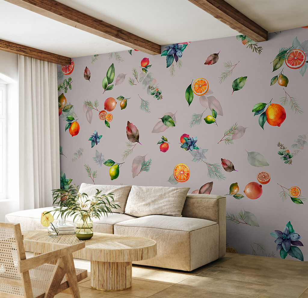 Zitrusfrüchte und Blüten in einem Interieur