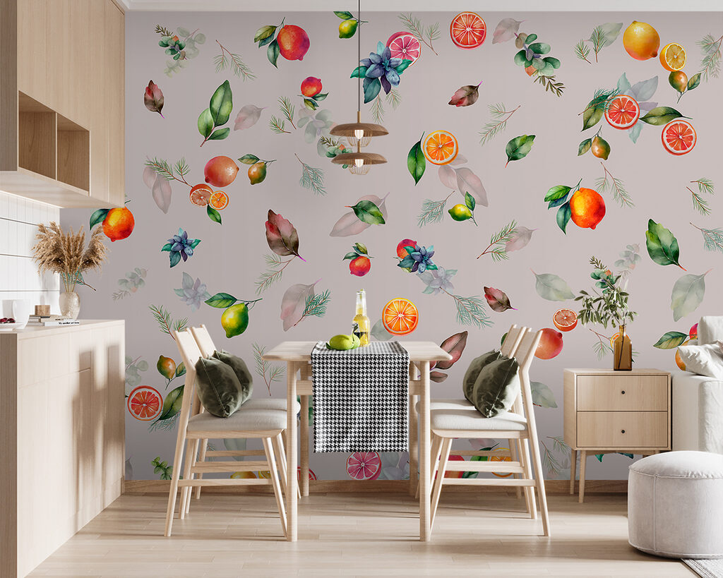 Zitrusfrüchte und Blüten in einem Interieur