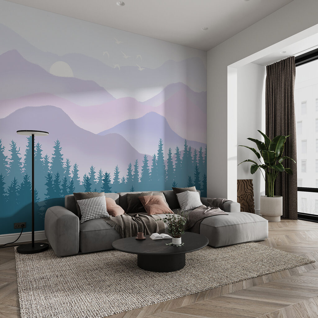 Kiefern vor sanften Bergen in einem Interieur