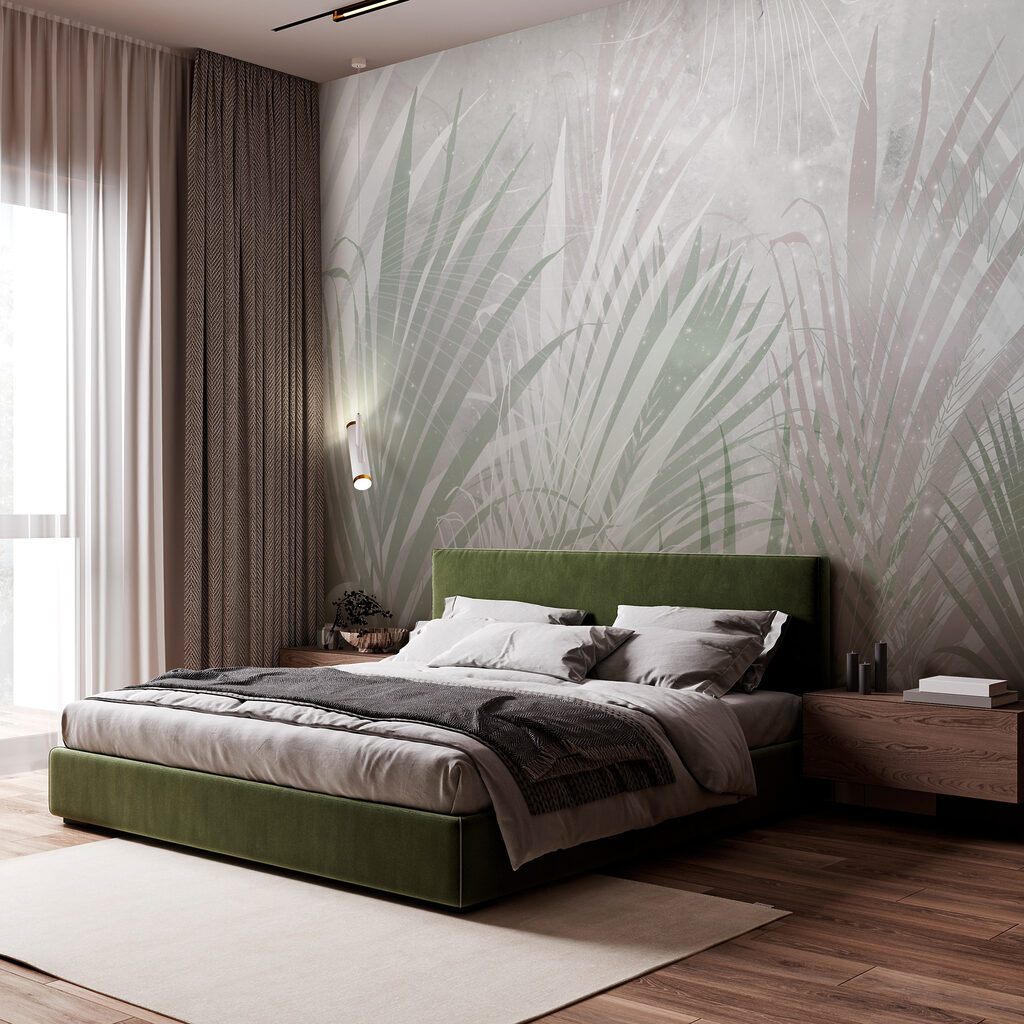 Palmblätter im Dunst in einem Interieur