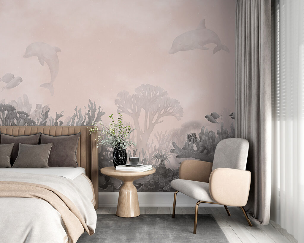 Delfine über Korallen in einem Interieur