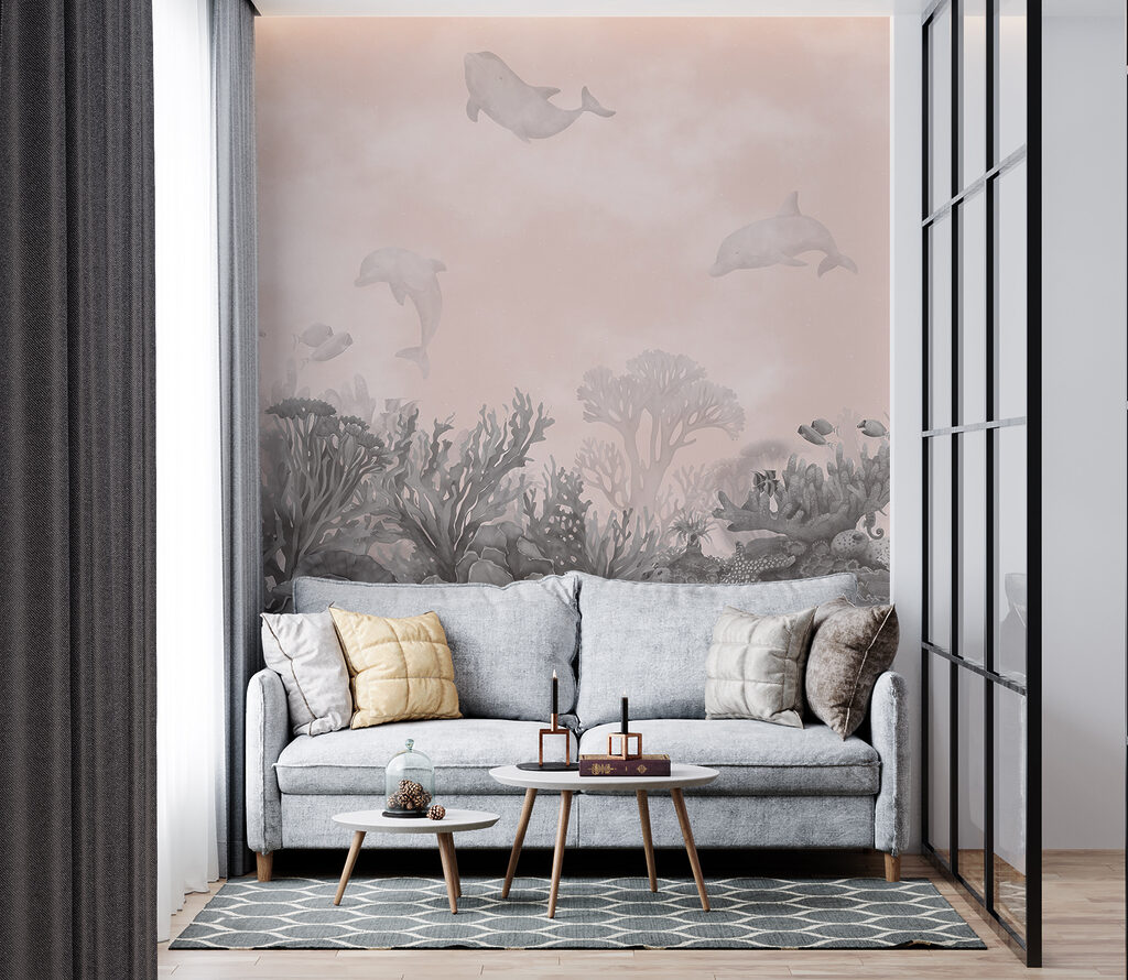 Delfine über Korallen in einem Interieur