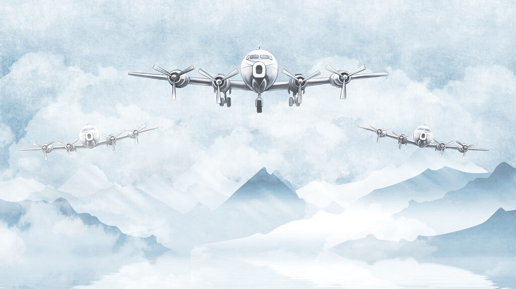 Propellerflugzeuge über Bergen — ganzes Design