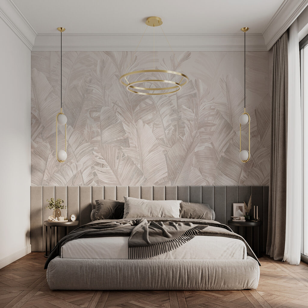 Tropenblätter in blasser Tusche in einem Interieur